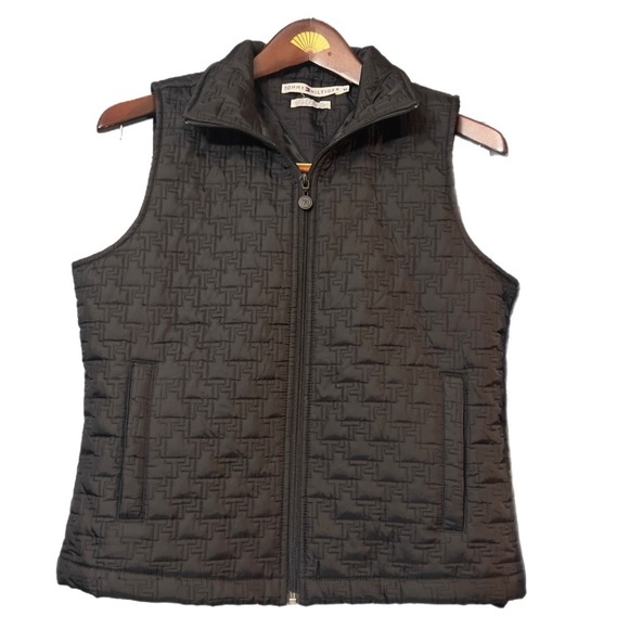 Vintage Tommy Hilfiger Vest Jacket MEDIUM Sleeveless Vest Black TH Quilted Zip - Picture 1 of 9
